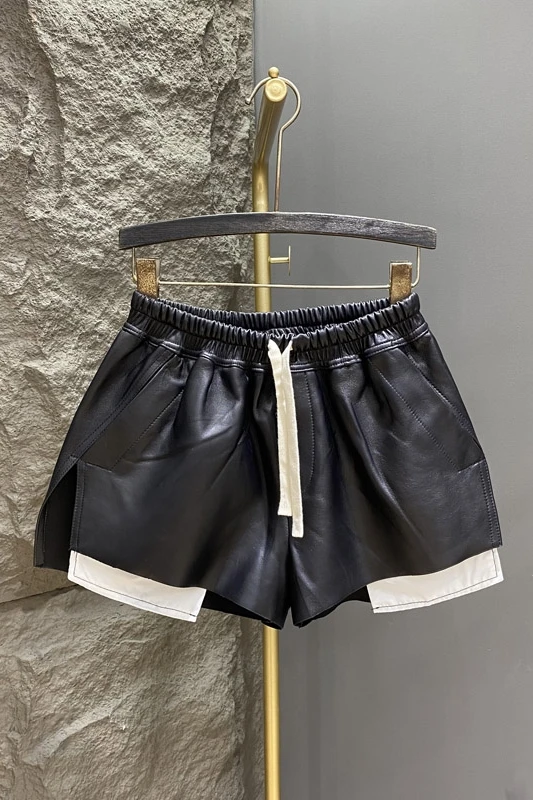 Spring Autumn Fashion Black White Color Matching Drawstring PU Leather Shorts Women's Loose Casual Elegant Split Wide-Leg Pants