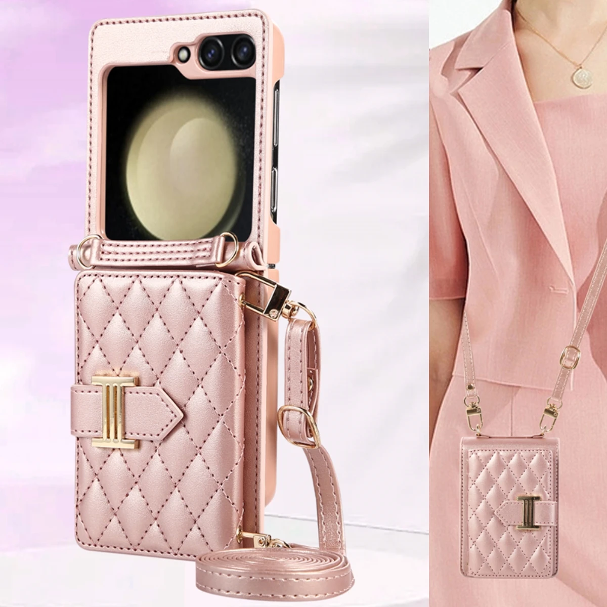 Crossbody Cards Slot Wallet Leather Case for Samsung Galaxy Z Flip 8 7 FE 6 5 4 3 Flip6 5G Lanyard Diamond Embossing Strap Cover