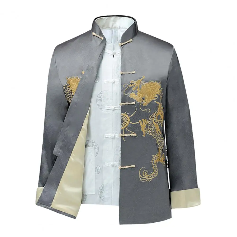 

Men Fall Spring Shirt Dragon Embroidery Vinatge Chinese Style Stand Collar Long Sleeve Satin Men New Year рубашка