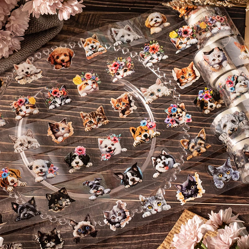 40mm*200cm Cat and dog little corner Series PET sticker Decorative Diy Diary Album Scrapbooking Material Junk Journal Supplies