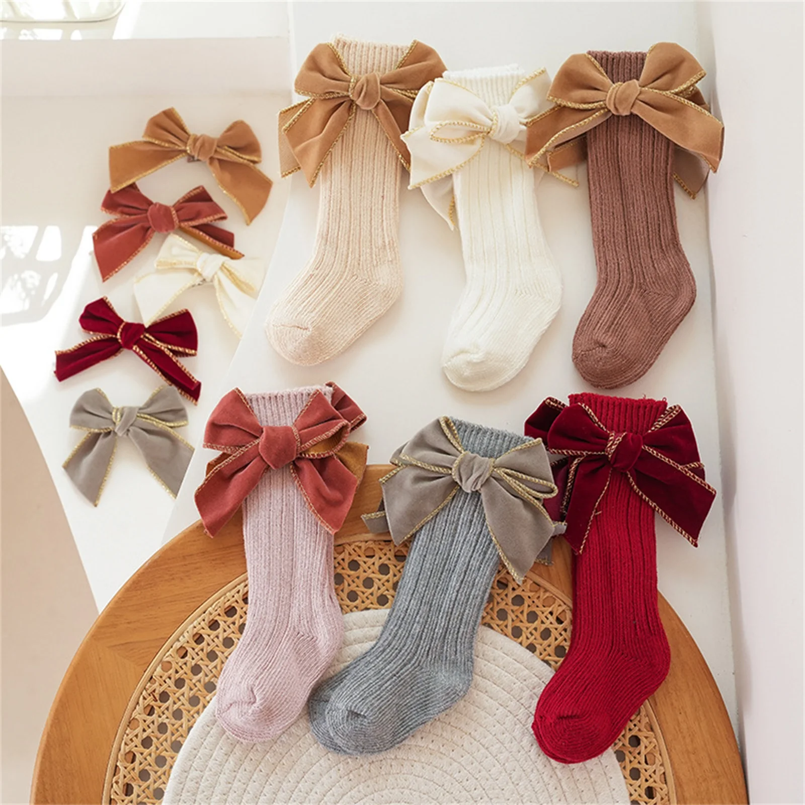 Citgeett Infant Baby Girl Socks Soft Long Socks Cotton Stockings with Velvet Bows for Infants Toddlers