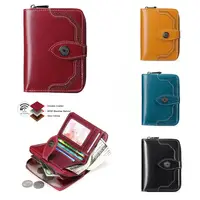Women Vintage Oil Wax Leather Short Wallet Zipper Small Coin Pouch Two-fold Hasp Mini Purse Card Holder Ladies Fashion Clutch 1