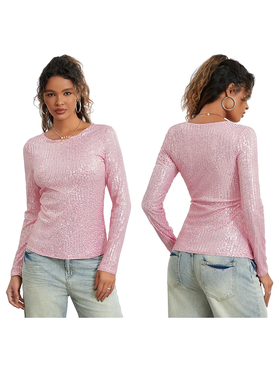 Women Spring Fall Long Sleeve Cropped Tops Sequins Basic T-shirt Casual Pullover for Club Streetwear Aesthetic Clothes