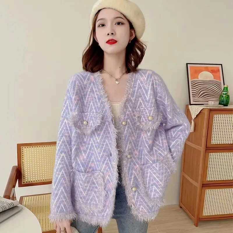 

2023 Fashionable French Style Small Fragrant Coat Knitted Women's Spring Autumn Season New Fashion Style Mink Fleece Short Top