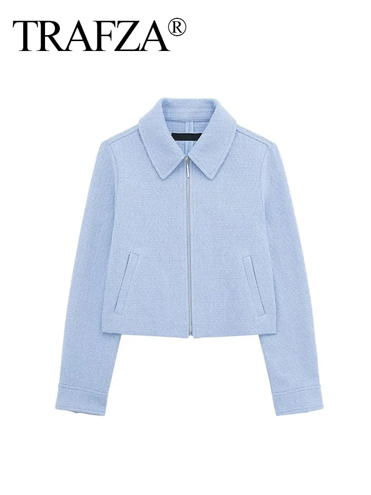 TRAFZA Spring Short Coats Woman Trendy Blue Turn-Down Collar Long Sleeves Pockets Zipper Female High Street Chic Jackets