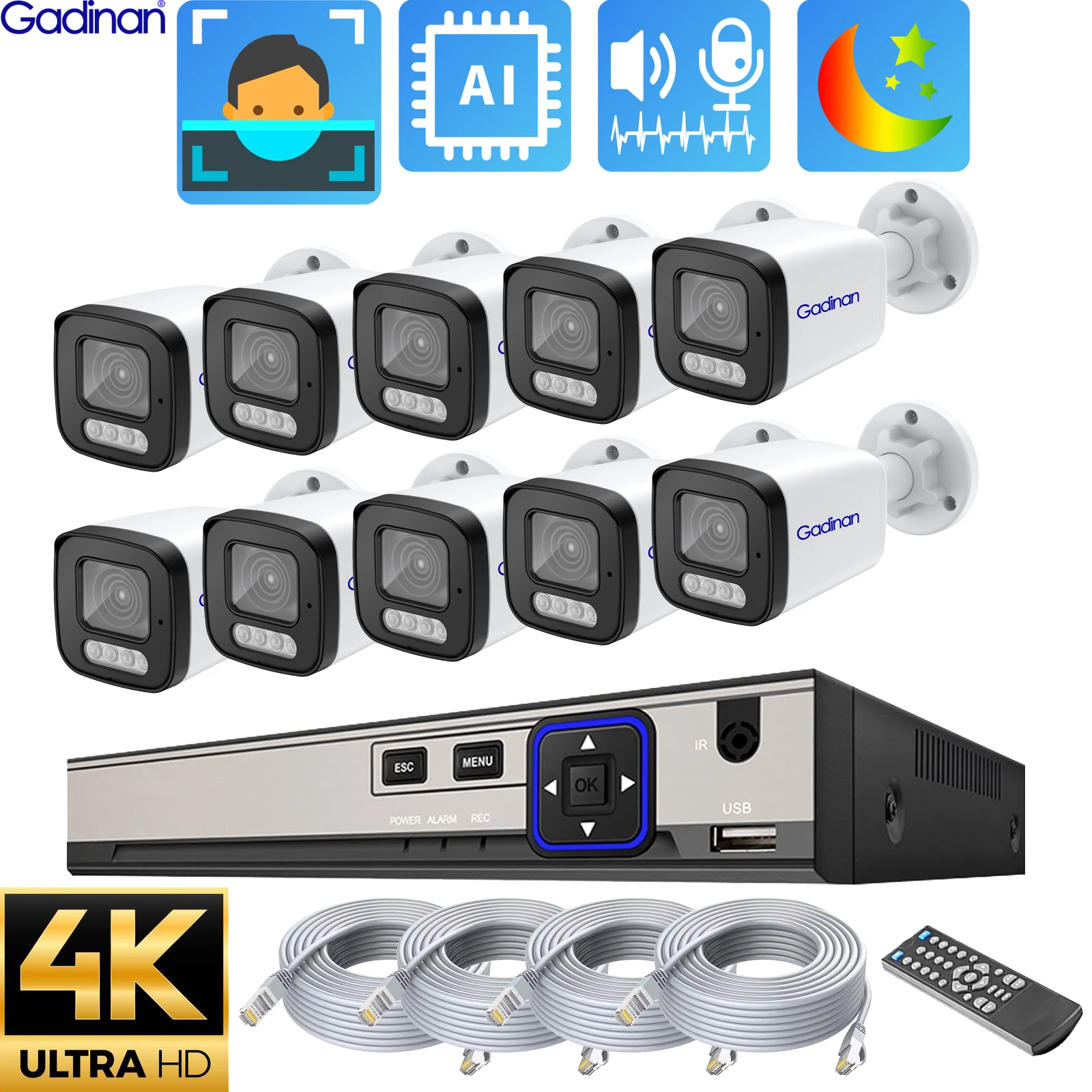 Gadinan 10CH CCTV Security Camera System IP Poe Home Face Video Surveillance 4K 4Mp 8Mp Kit Two Way Audio Ai Outdoor XMEye APP 1