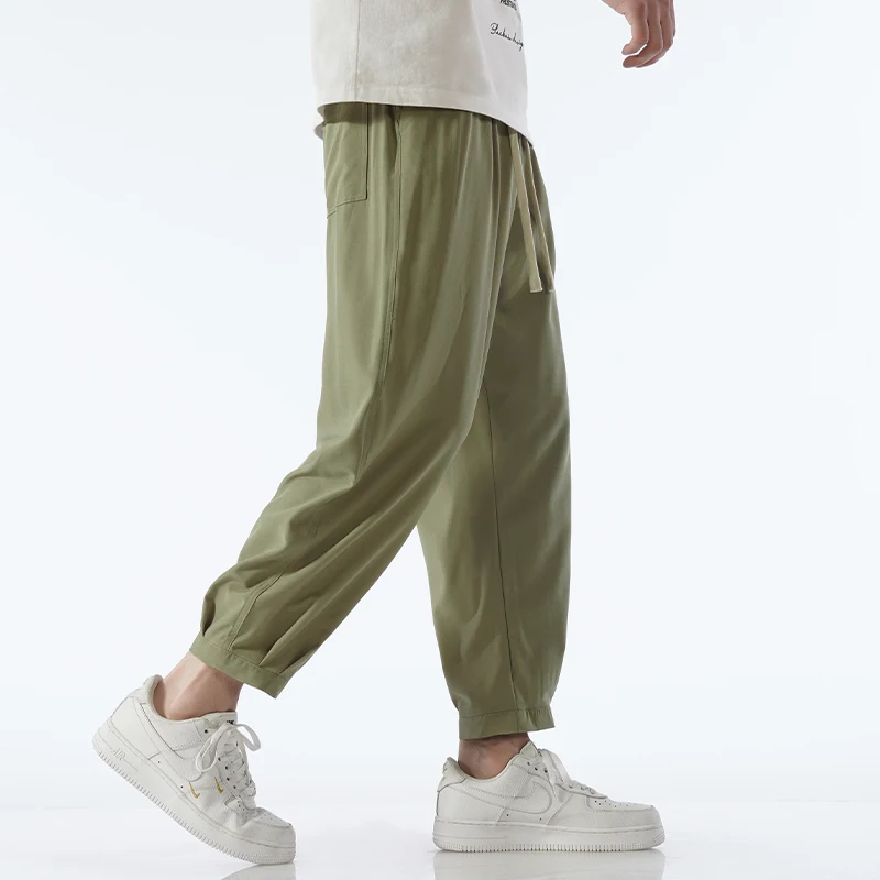 Summer New Trendy Solid Color High Waisted Elastic Drawstring Men's Ice Silk Quick Drying Casual Sports Leggings Cropped Pants