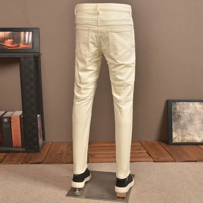 Streetwear Fashion Men Jeans Beige Yellow Stretch Skinny Fit Spliced Designer Biker Jeans Men Patched Hip Hop Denim Pants Hombre