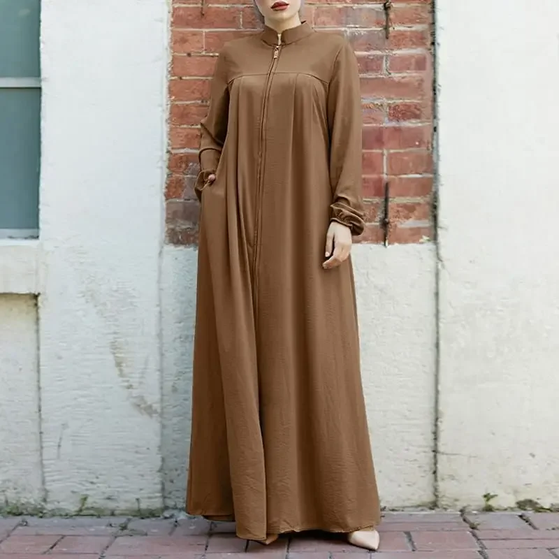 Muslim Abaya with Zipper Front Dubai Jalabiya Dress Long Sleeve Casual Stand Collar Kaftan Dresses Ramadan Eid Abayas for Women