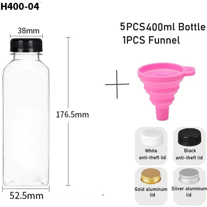 5-Pack Reusable Clear Plastic Bottles with Caps and Folding Funnel for DIY Juicing and Smoothies