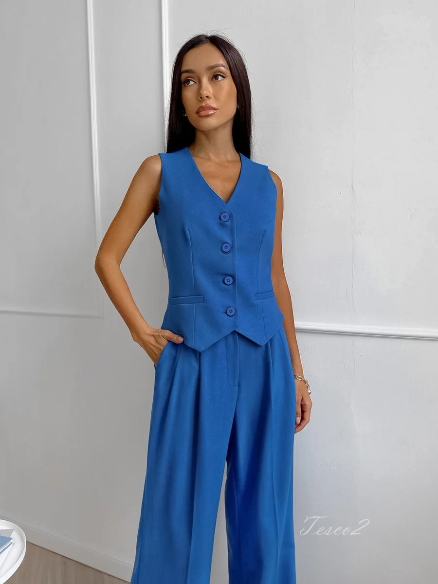 Tesco New Women Suit Sets Sleeveless Jacket And Wide Leg Pants Casual Pant Sets 2 Piece Holiday Outfits For Women Spring Summer