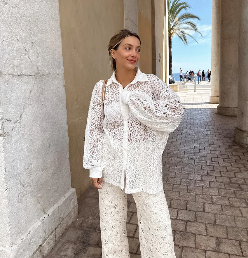 Hollow Out Printed Loose Shirts For Women Fashion Patchwork Lace See-Through Summer Top Long Sleeve Female Casual Blouse