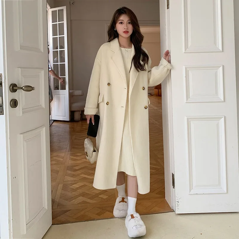 double sided golden velvet set for women 2023 new korean version thickened autumn and winter casual fashion two piece set 2023 New Double Sided Woolen Coat Mid Length Version Autumn Winter Over Knee Casual Versatile Simplicity Woolen Coat for Women