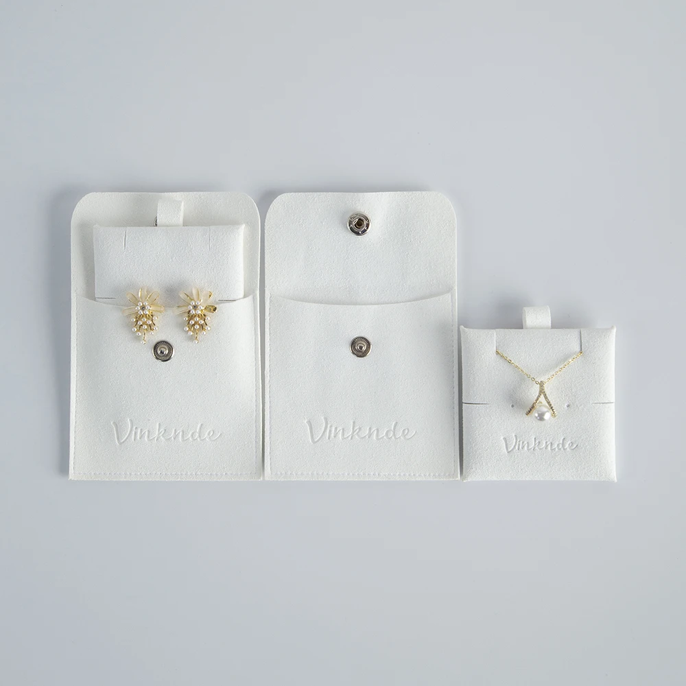 Weißer Mikrofaser-Schmuckbeutel mit Halter, individuell geprägtes, gestempeltes Logo, Wildleder-Schmuck, Ohrringe, Halskette mit Einsatzkartenblöcken – Detail 4
