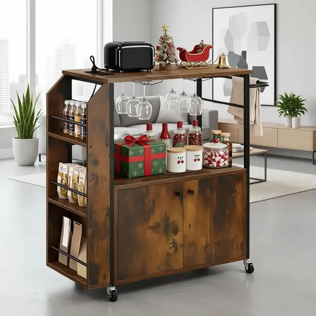 36 Rolling Kitchen Island Cart with Power Outlet, Storage, and Open Shelves for Dining and Kitchen Use in Brown