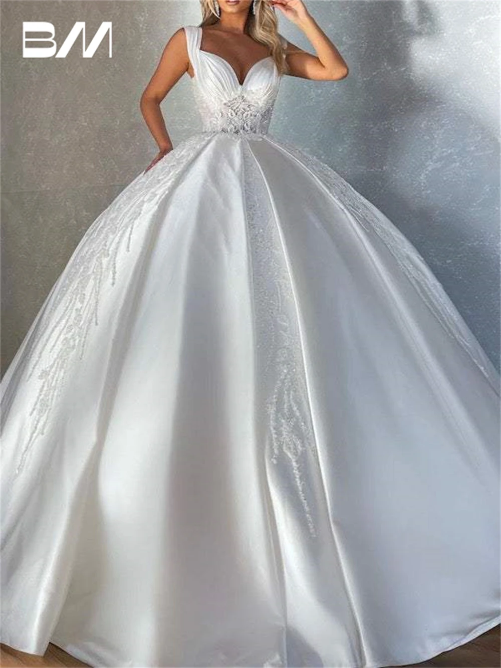 

Elegant Satin Ballgown Wedding Dress With Embroidery Lace Beads Bride Dresses With Sweetheart Illusion Waistline Bridal Gown