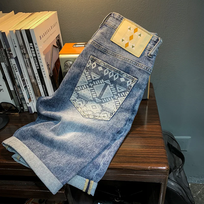 Summer Men's Denim Shorts2024Annual Thin High-End and Fashionable Printed Straight Short Pants Fashion Brand Casual Blue Shorts