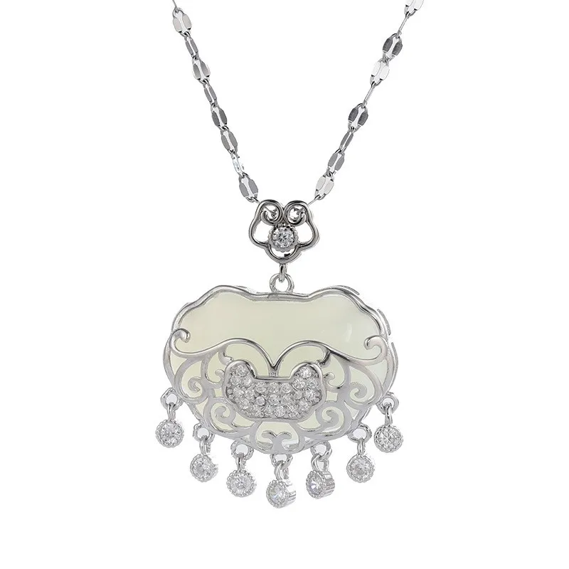 

XL400 ZFSILVER S925 Sterling Silver Fashion Luxury Trendy Diamond-set Lucky Safty Lock Necklace For Women Wedding Chrams Jewelry