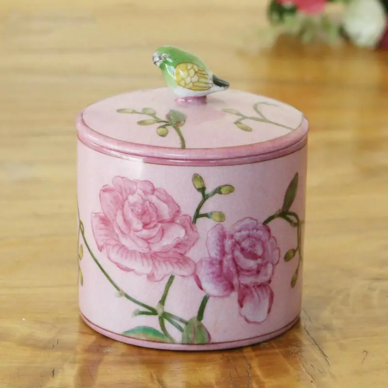Exquisite Handpainted Porcelain Bird Lid Jar Home Decoration Candy Dental Floss Pick Bottle Cotton Bars Storage Container