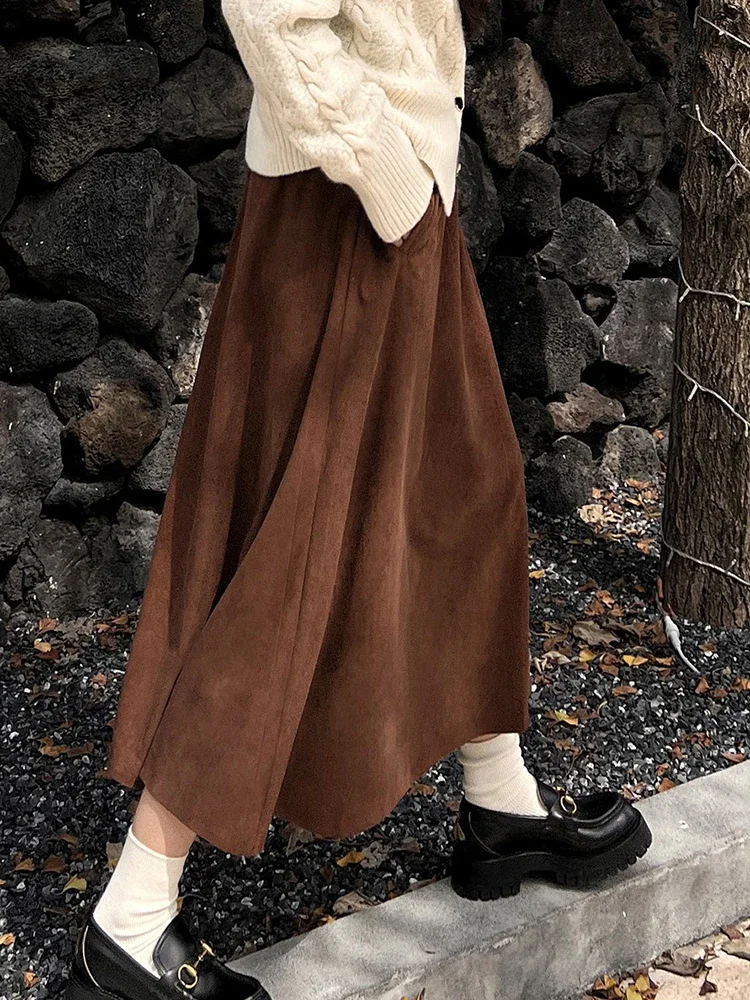 

Long Skirts for Women Green Corduroy A-Line Casual Mid-Calf High Waist Skirts 2024 Spring Black Elegant Fashion Clothes