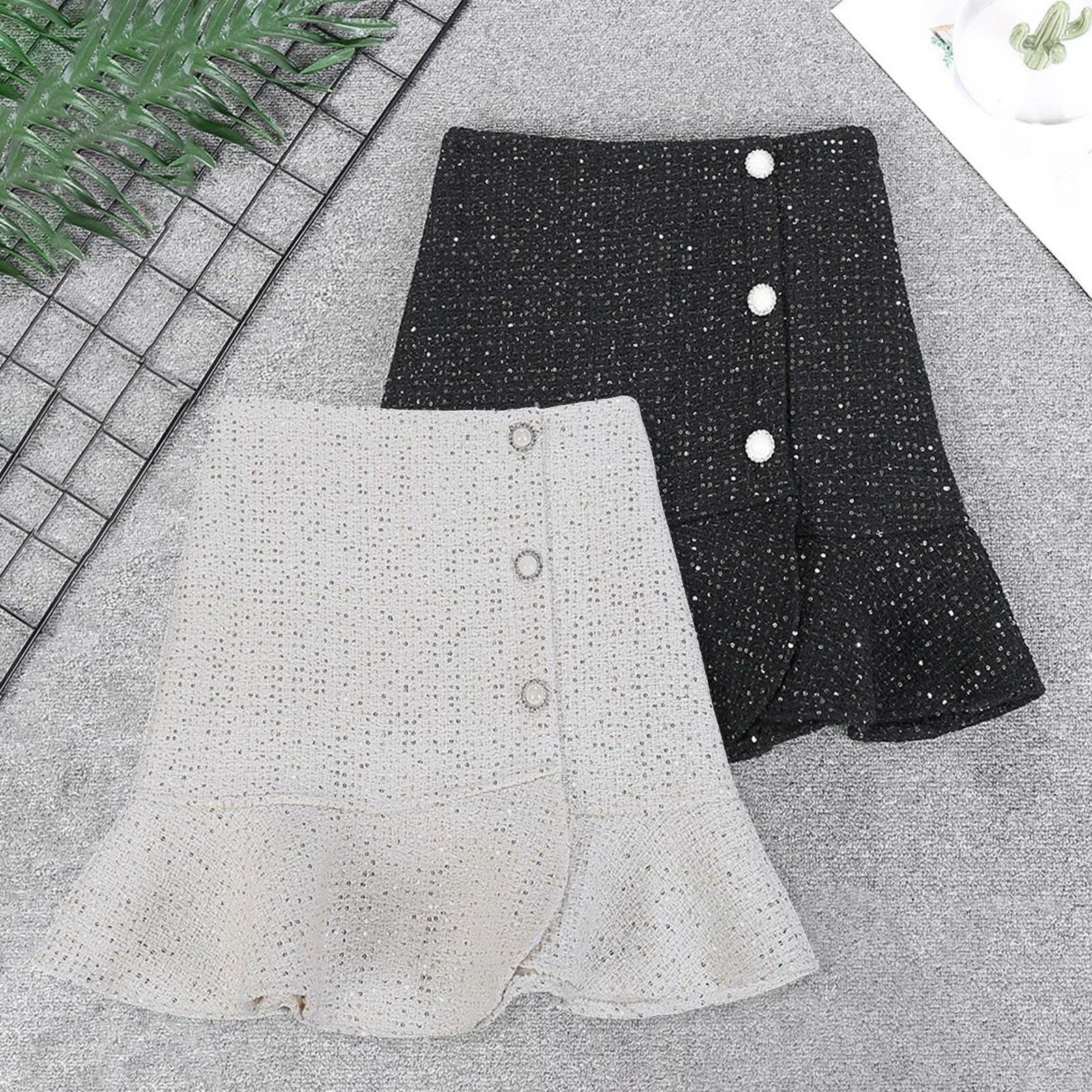 

Women's Fashion Sequins Fishtail Design Skirt High Waist Sweet Ruffle A Line Skirt Sexy Package Hip Party Nightclub Half Skirt