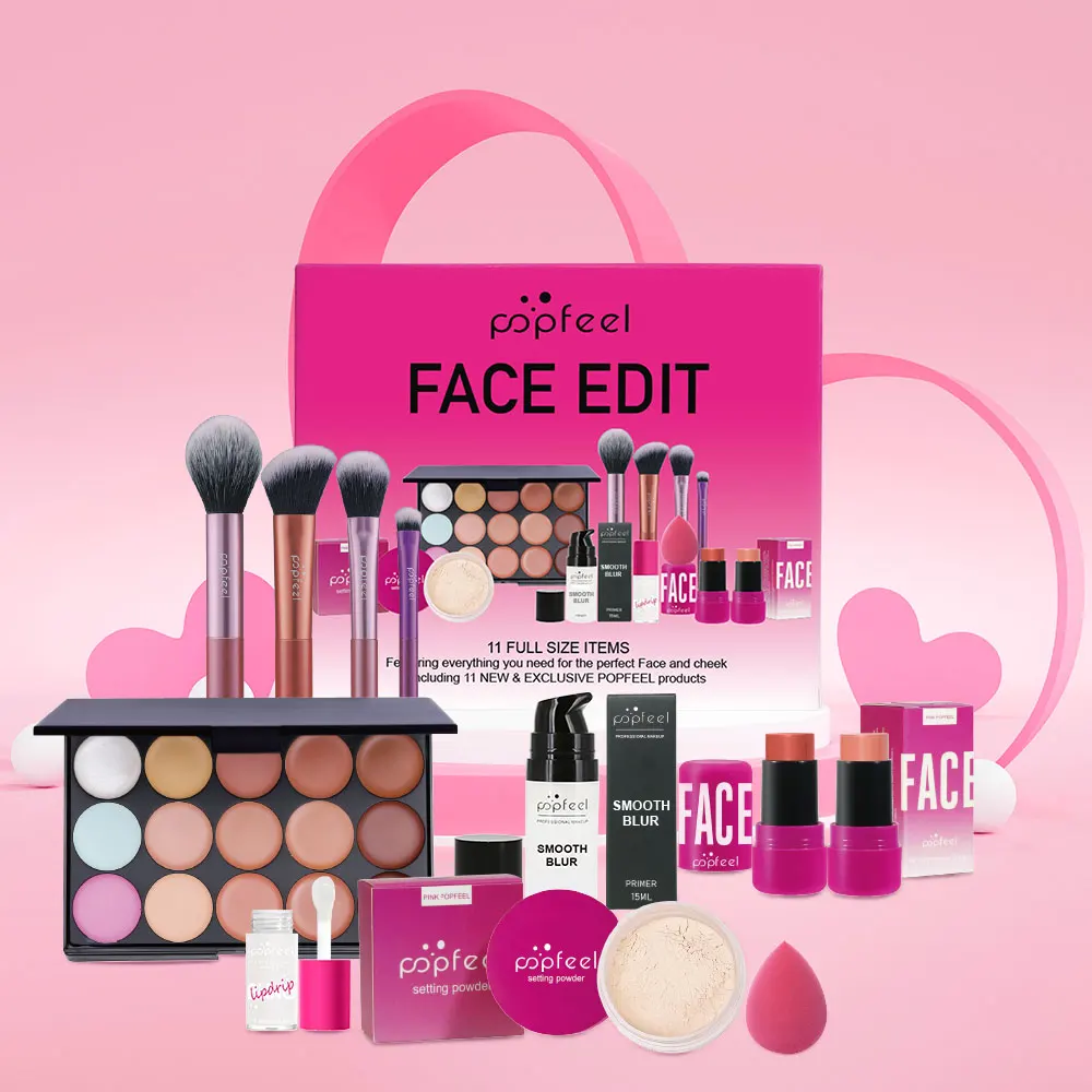 POPFEEL Set de regalo de maquillaje para el día de San Valentín y las vacaciones: kit de maquillaje todo en uno de 11 piezas para niñas y mujeres, con corrector