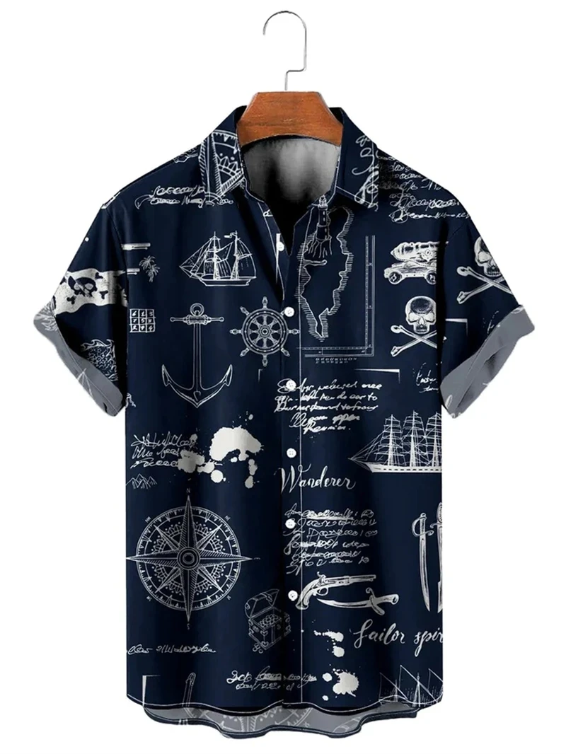 

Vintage Men's Shirts 3D Navigation Map Compass Printed Beach Shirt Casual Style Short Sleeve Blouse Summer Oversized Streetwear