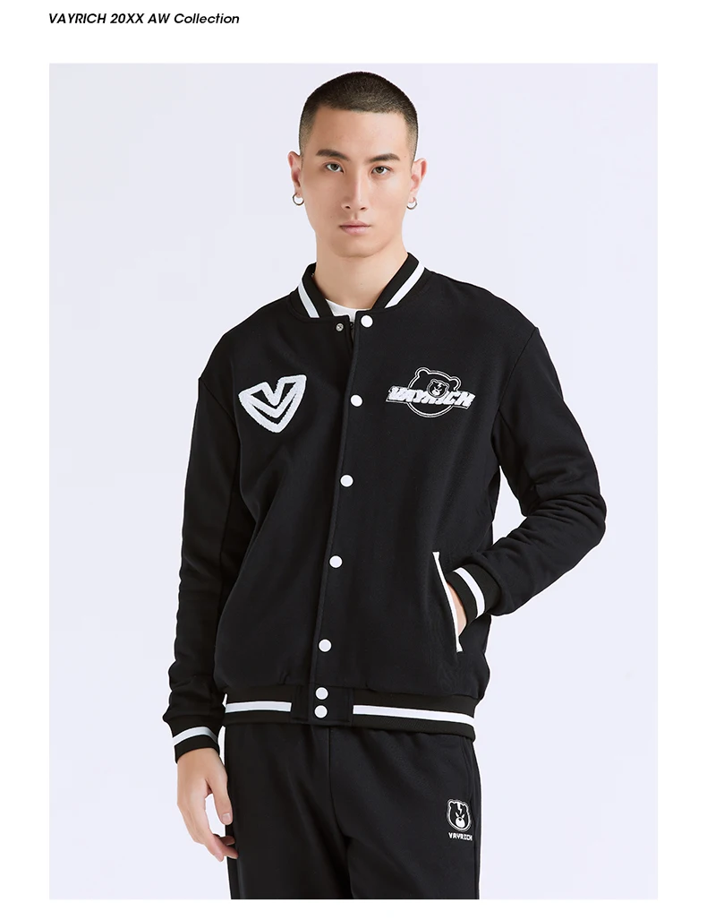 Lightning Bear Vayrich Branded Cotton Full-Snap Baseball Bomber Jacket Streetwear Hip Hop Unisex College Casual Outerwear Coats