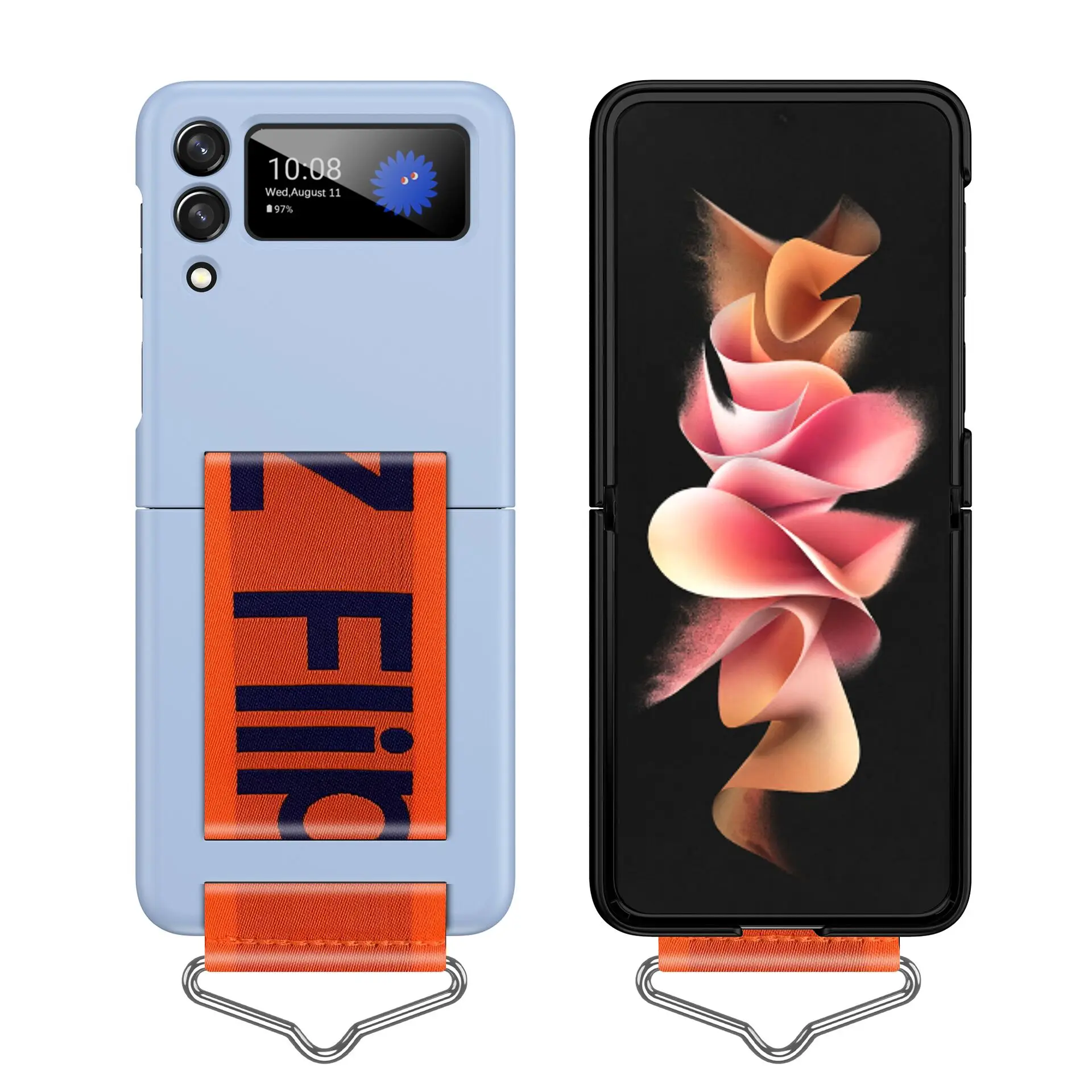 Case with Strap for Z Flip 3 Holder PC Case for Samsung Z Flip 3 Film Phone Cover All-in-one Solid Color Mobile Protective Shell samsung cute phone cover Cases For Samsung