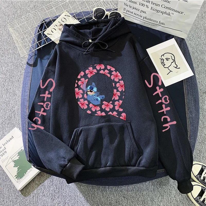 Sweatshirts Women's Winter Hoodies Cute Kawaii Disney Lilo & Stitch 26 English Letters Print Hoodie Fashion Couple Streetwear 3