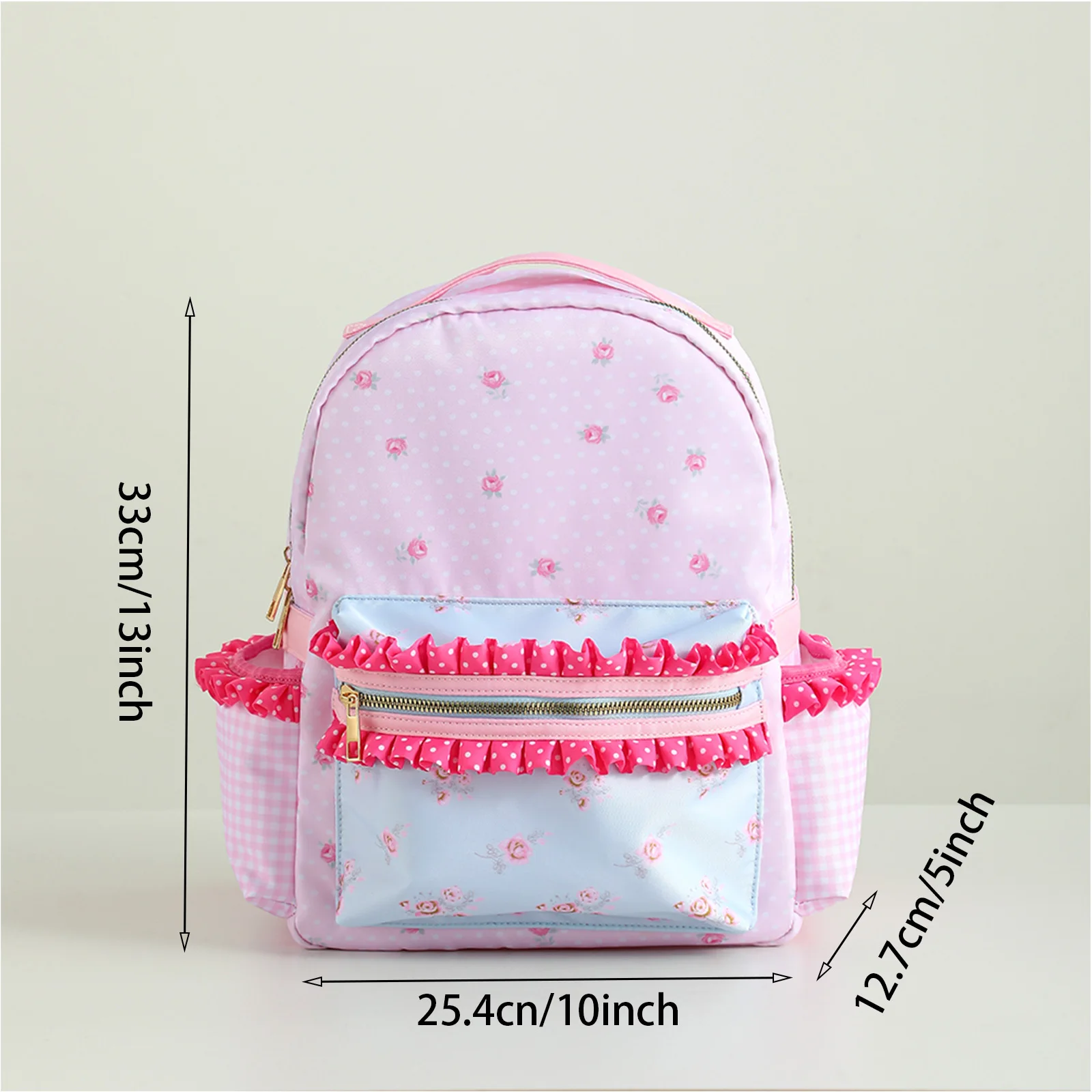 Ruffle Girls Backpack Floral Canvas Polka Dot Plaid Lining Large Capacity Pink Cute Back To School