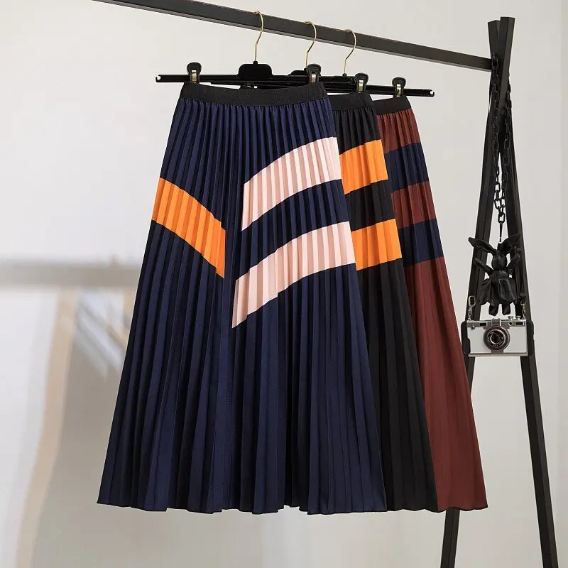 

Casual Half-length Skirt Pleated New A-line Women Creative Elastic Waistline Ripple Print MIDI