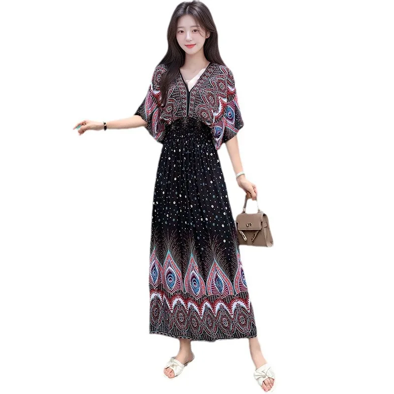 Thai Style Cotton Silk V-Neck Short Sleeve Dress Women Summer Floral Print Countryside Skirt Holiday Outfit Loose Fit Maxi Dress - Image 5