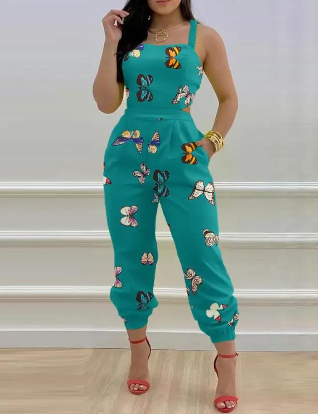 Women's Sexy Fashion Summer New 2024 Daily Versatile Jumpsuit Butterfly Print Criss Cross Tied Detail Backless Jumpsuit ﻿