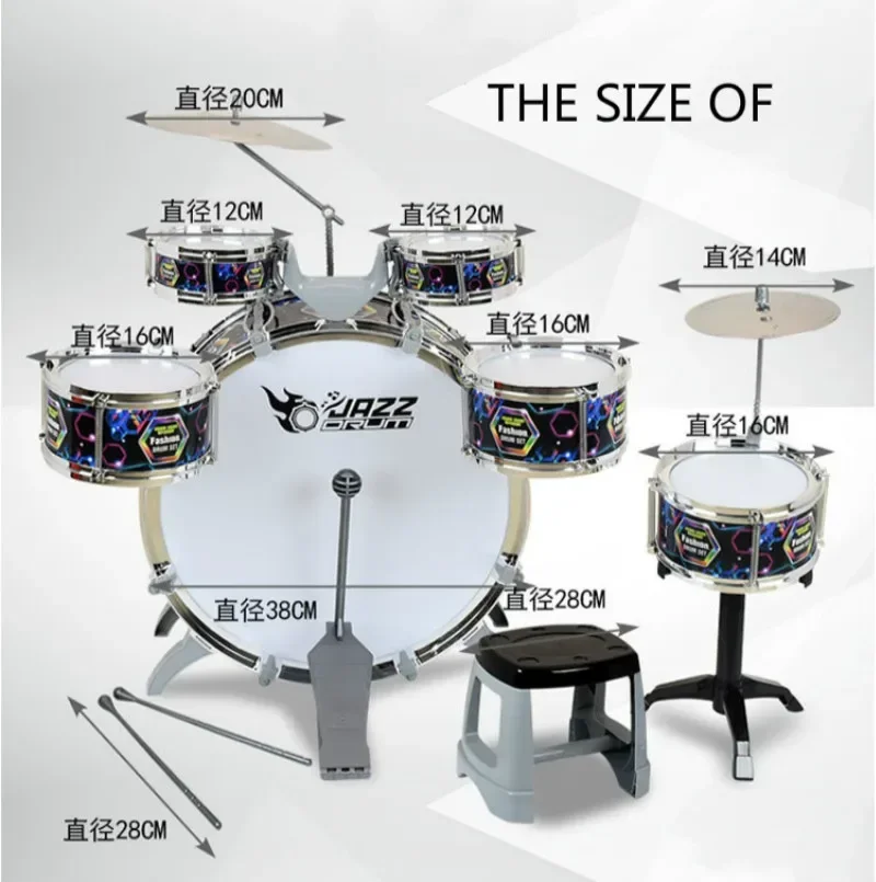 Fashion Large Children Music Jazz Drums Set ( 6 drums + 2 cymbals ) Thickened Eardrum Drum Score Seat Children percussion toys 3