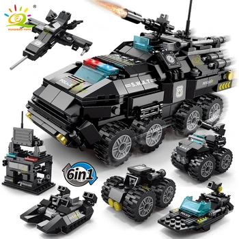 HUIQIBAO 371pcs 6in1 SWAT Police Truck Building Blocks City Construction Plane Car Bricks Set For Children Toys Kids Gift