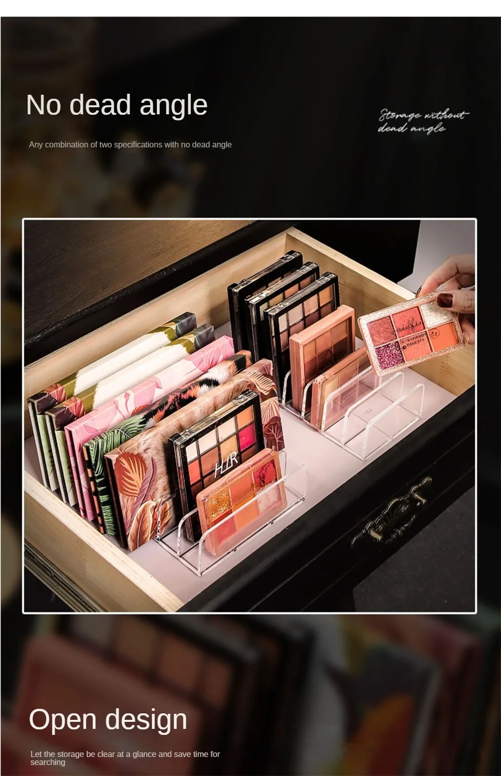 Description Picture 5 of itemEye Shadow Tray Storage Box Powder Partition Acrylic Transparent Desktop Makeup Powder Blusher Cosmetics Shelf Makeup Organizers