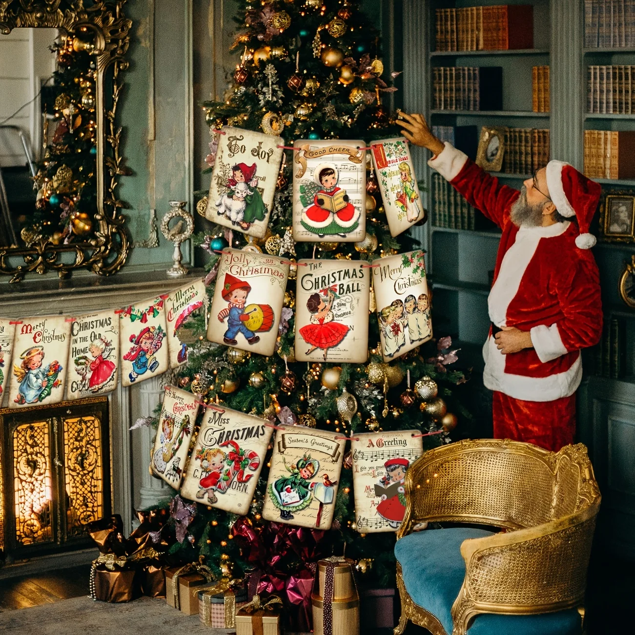 Vintage Christmas Party Banner - Retro Santa Claus and Candy Cane Garland Indoor Decorations