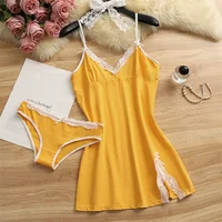 Women Pajama Cotton Suspender Nightdress 2 Pieces Pajama Set Cute Lace Nightgowns Bow Summer Sleepwear V-neck Slit Pajamas Dress