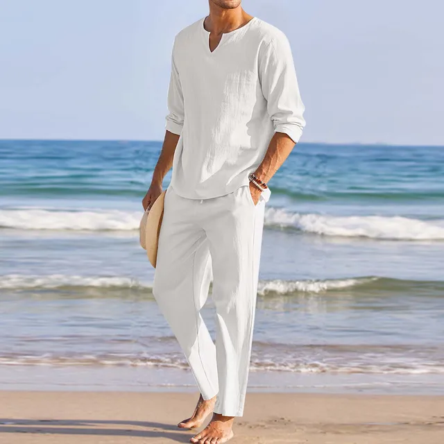 Vintage Cotton Linen Shirt + Pants 2-piece Set Men Casual Long Sleeve  Oversize Top Camisa V Neck Boho Beach Outfits Men Shirts - Men's Sets -  AliExpress