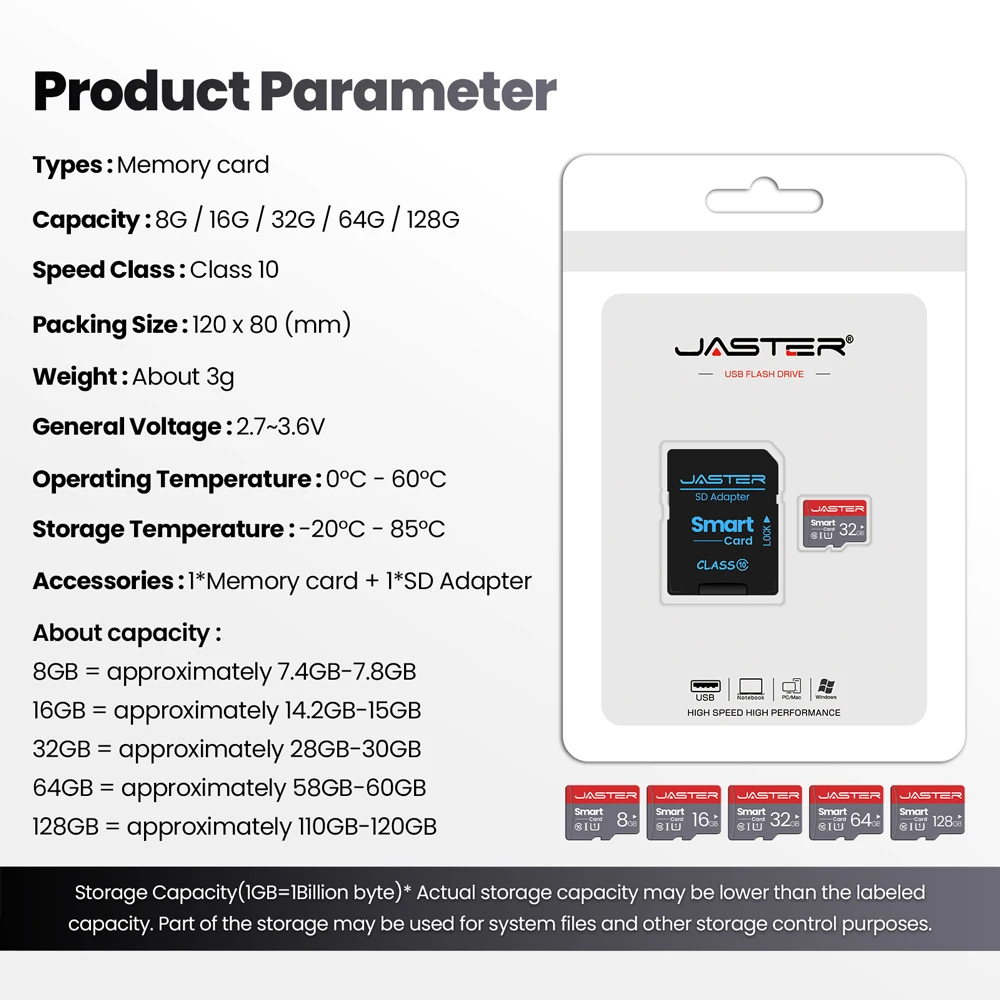 JASTER Memory Card SD Class 10, High Speed TF Card Actual Capacity, 128GB 64GB 32GB 16GB 8GB, 100 PCS Lot - Image 6
