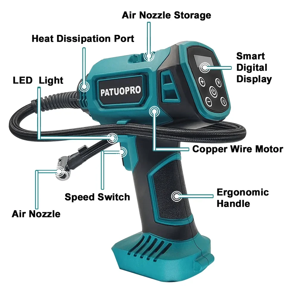 Compressore D'Aria Portatile 150 PSI – Pompa Elettrica Senza Fili Per Auto (Makita 18V) Con Cavo Accendisigari E 3 Ugelli