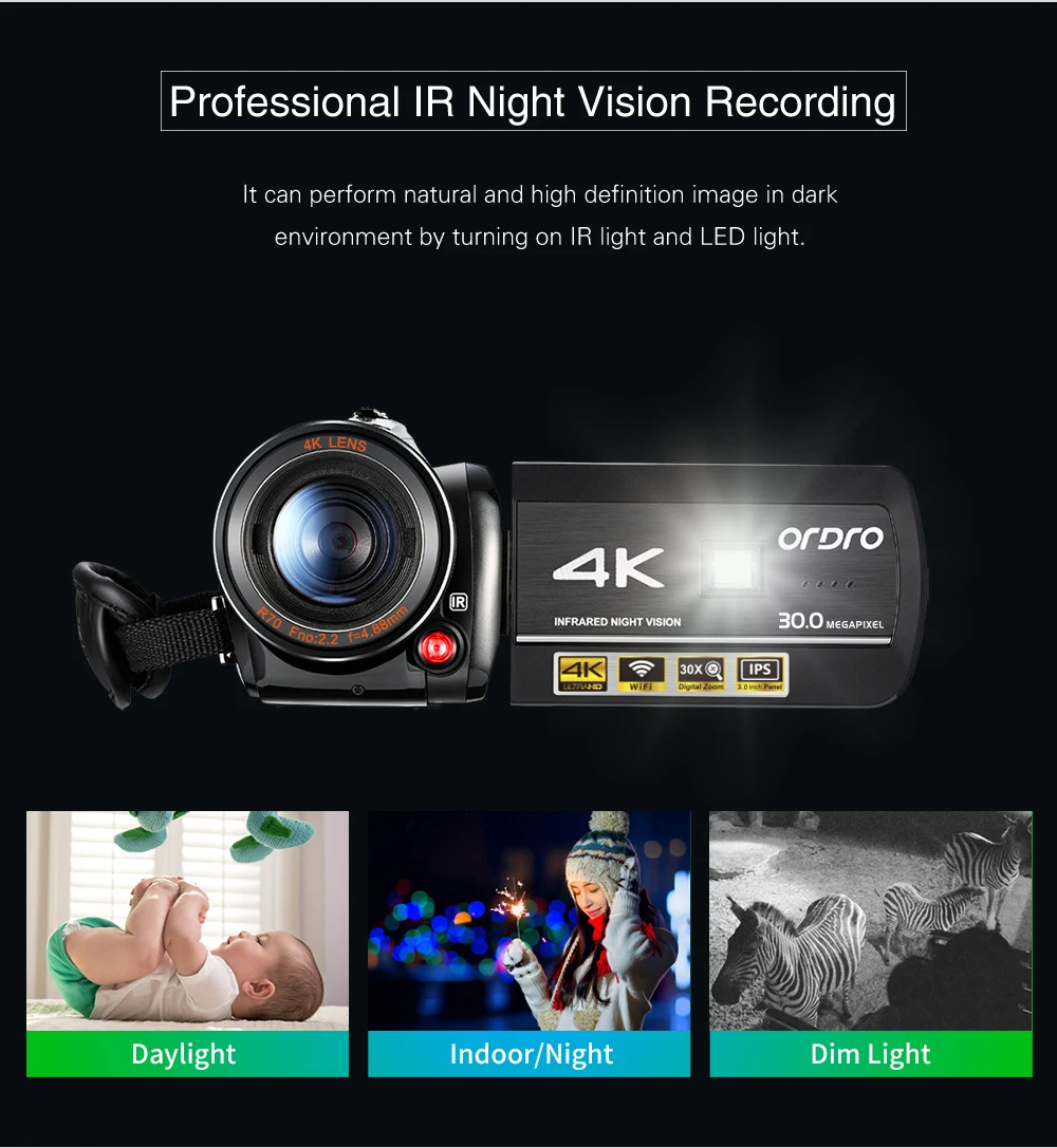 Caméra vidéo professionnelle avec vision nocturne IR, enregistreur  numérique, caméscope 4K, Vlog Filmadora pour la prise de vue de blogueurs  prometteurs, Ordro AC3