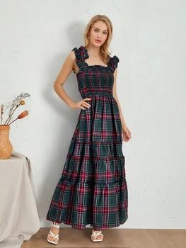 Women's Sleeveless Plaid Print Ruffled A-Line Dress for Summer Beach Party and Streetwear Fashion 2