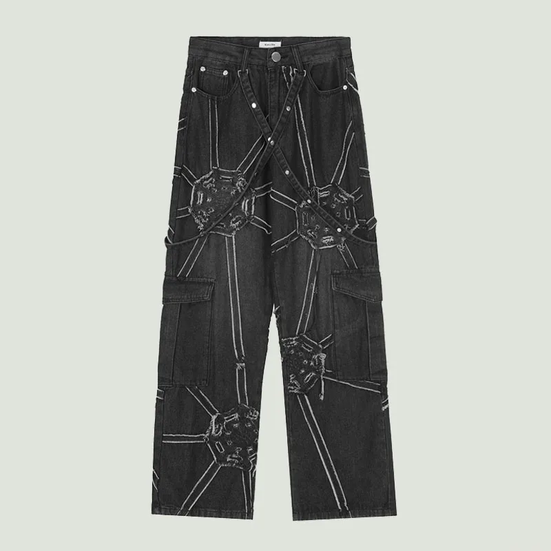 

Streetwear Oversized Jeans Mens Retro Pattern Embroidery Cowboy Pants Hip Hop Harajuku Casual Punk Straight Trousers Male Black