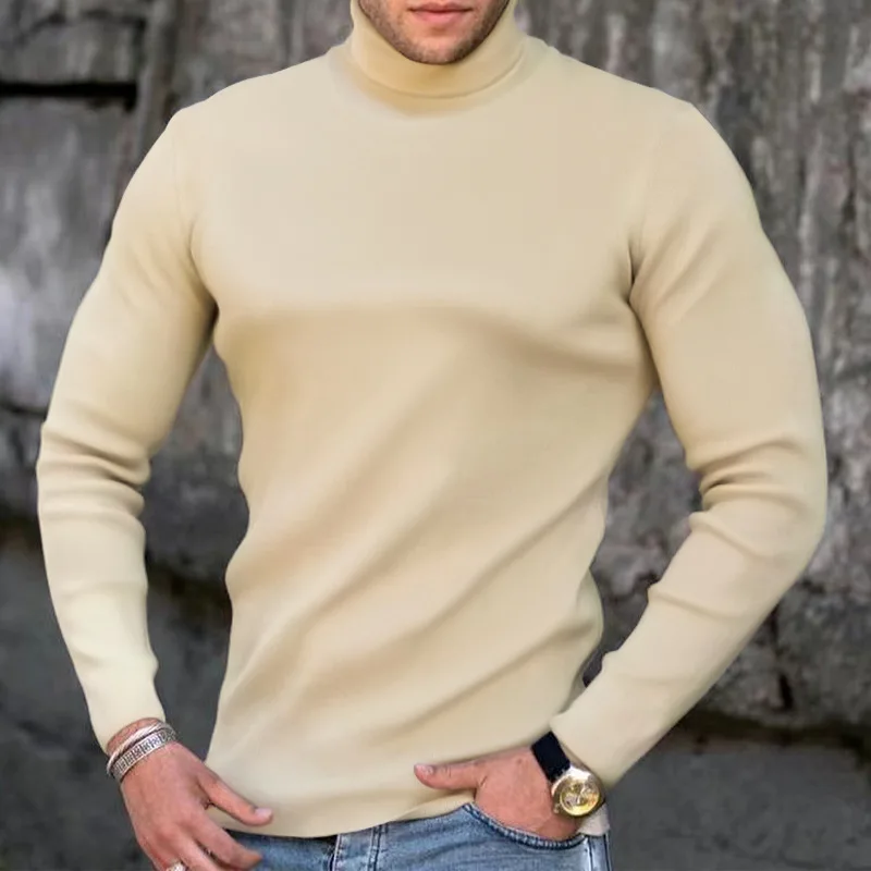 Fashion Men's Casual Slim Fit Basic Turtleneck High Collar Pullover Male Autumn Spring Thin Tops Basic Bottoming Plain T-shirt 2