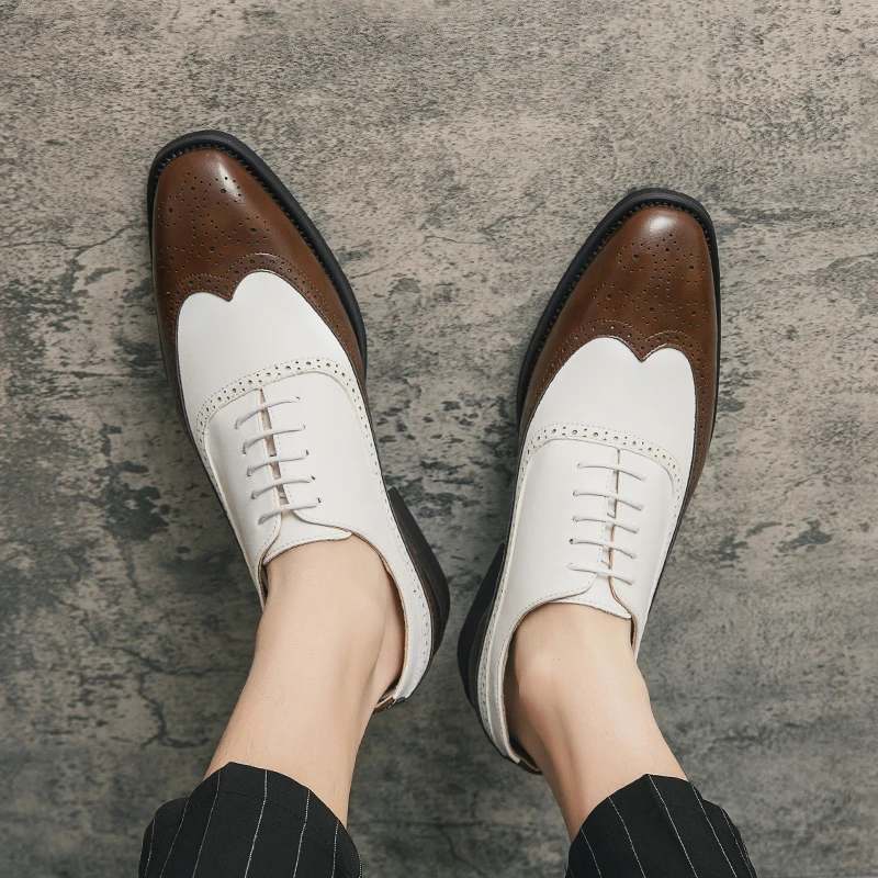 Men Wingtip Detail Dress Shoes Business Two Tone Oxford Shoes For Wedding party