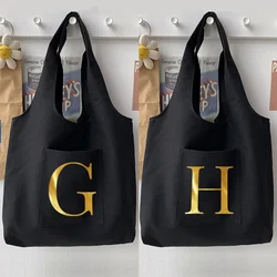 Woman Shopping Shoulder Bag Canvas Handbag Casual Initial Name Gold Letter Pattern Printing Ladies Tote Bag Commuter Vest Bag