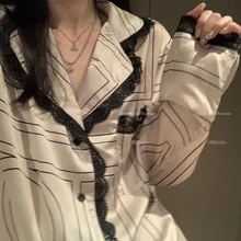 

Fashion Trend Lace Cute Sweet Solid Color Printing Autumn and Winter New Lace Lace Suit Home Service Pajamas