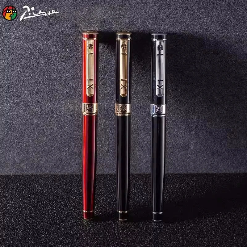 Pimio 902 블랙 골드 레드 잉크 만년필 비즈니스 금속 서명 펜, 이리듐 펜 선물 상자 세트 용품, 0.5mm, 1 개